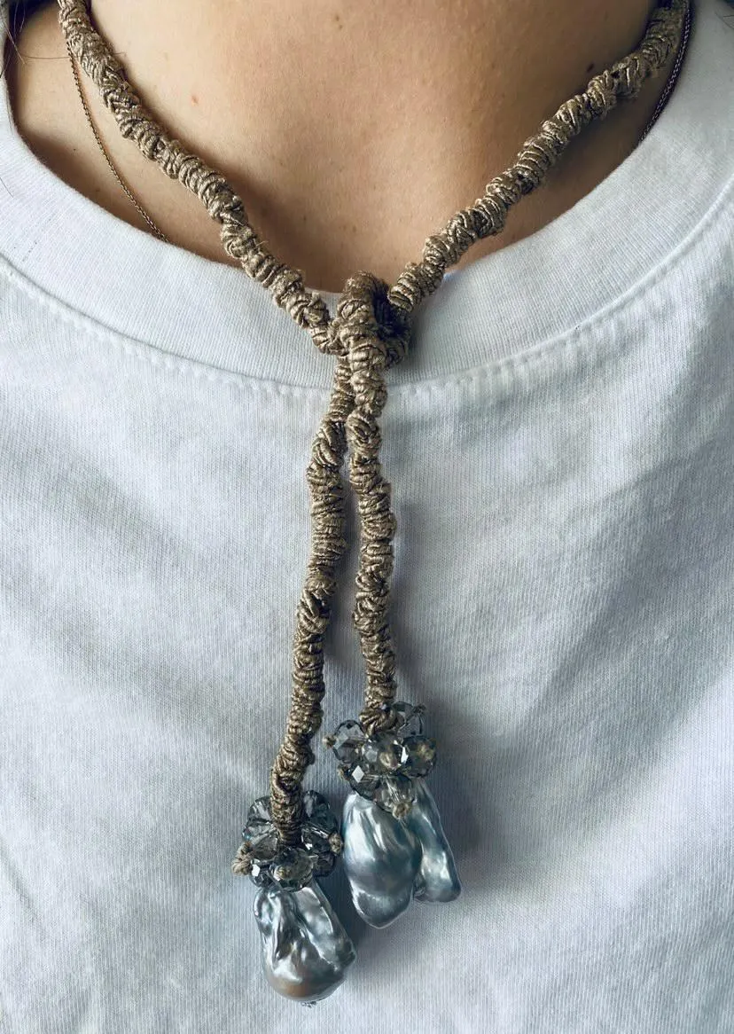 Silk Drop Pearl Lariat Necklace With Quartz