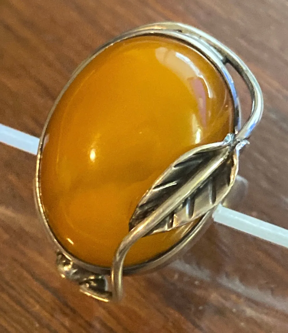 Sterling Silver 925 Butterscotch Amber Leaf Ring Sz 9