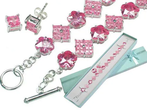 Sterling Silver Pink Ice CZ Bracelet and Earrings Set