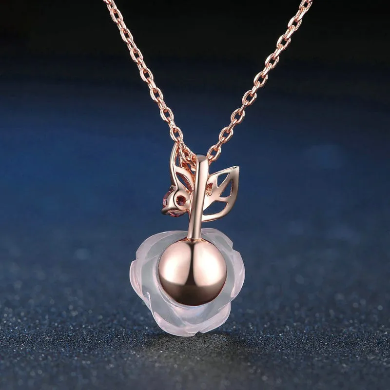 Sweet and Romantic Rose Quartz Flower Pendant Necklaces