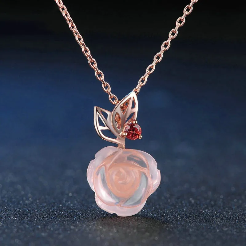Sweet and Romantic Rose Quartz Flower Pendant Necklaces