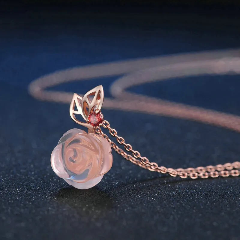 Sweet and Romantic Rose Quartz Flower Pendant Necklaces