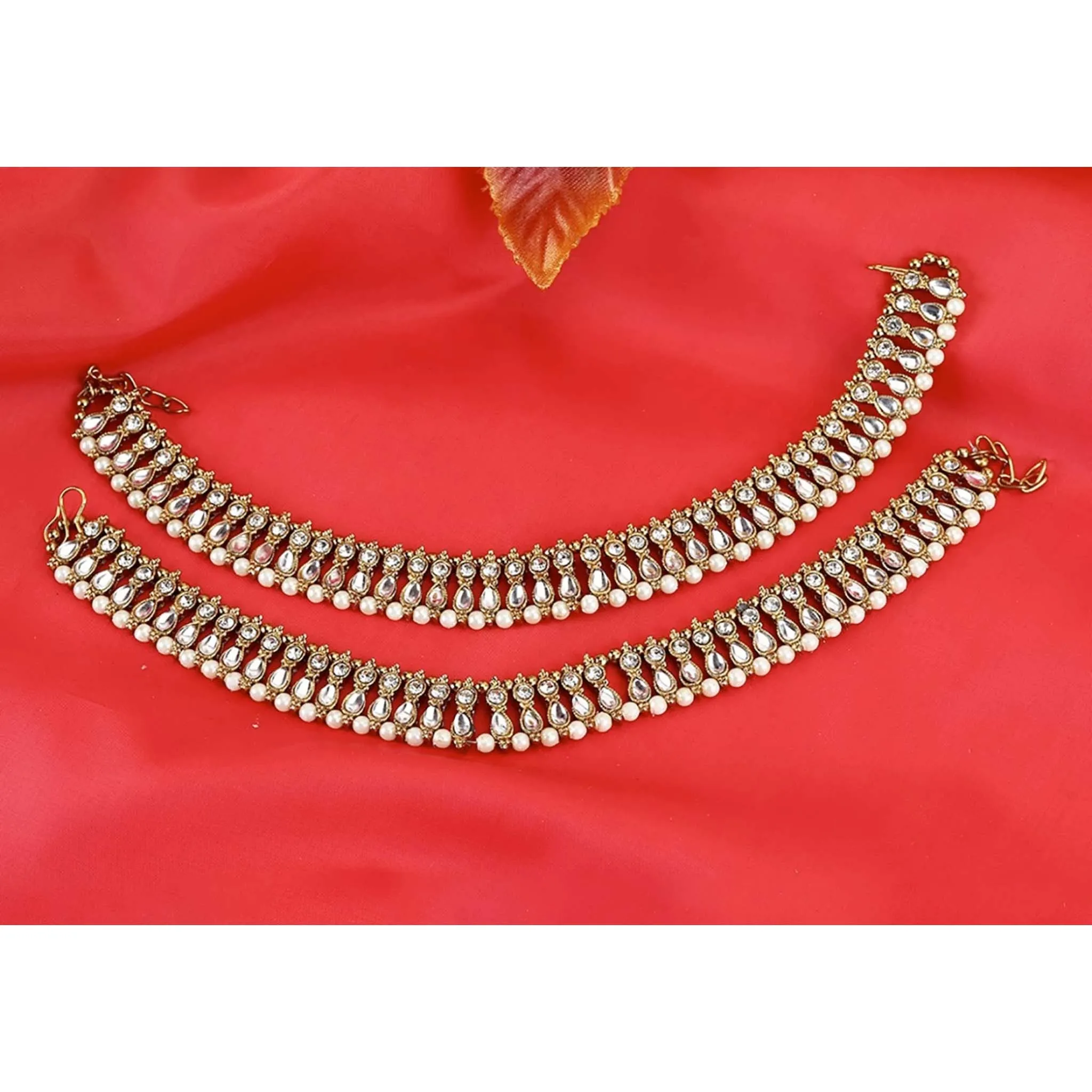 Traditional Heavy Pearl Kundan Bridal Anklets. Alloy Anklet (Pack of 2)