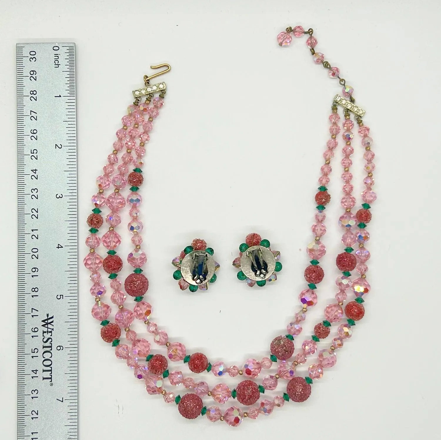 Vintage Glamour in Pink, Red and Green Glittering Necklace and Earrings Set