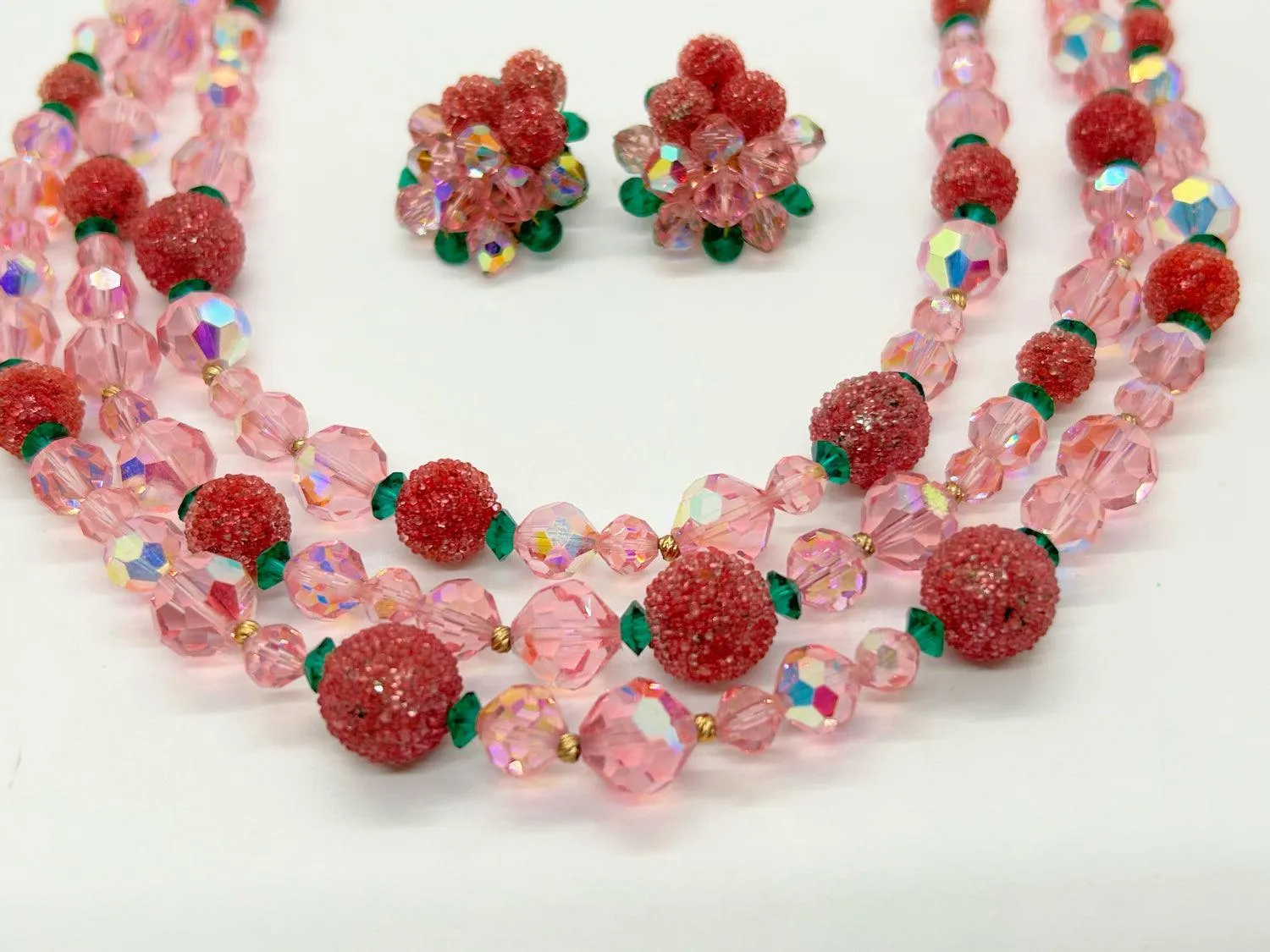 Vintage Glamour in Pink, Red and Green Glittering Necklace and Earrings Set