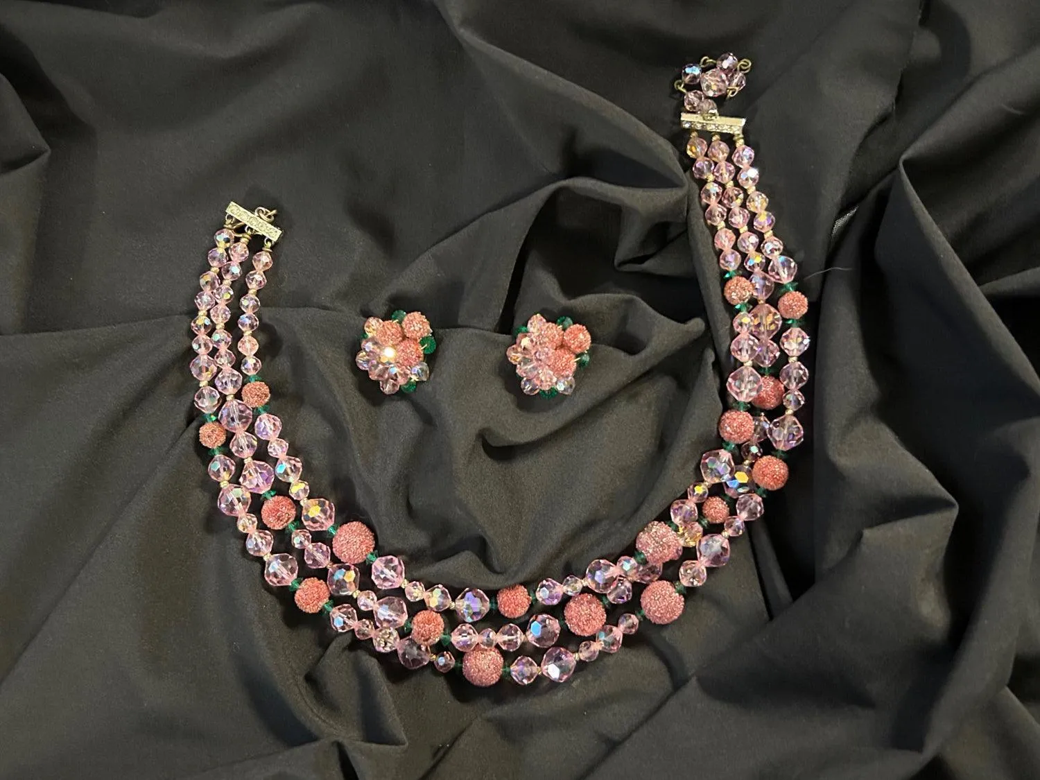 Vintage Glamour in Pink, Red and Green Glittering Necklace and Earrings Set