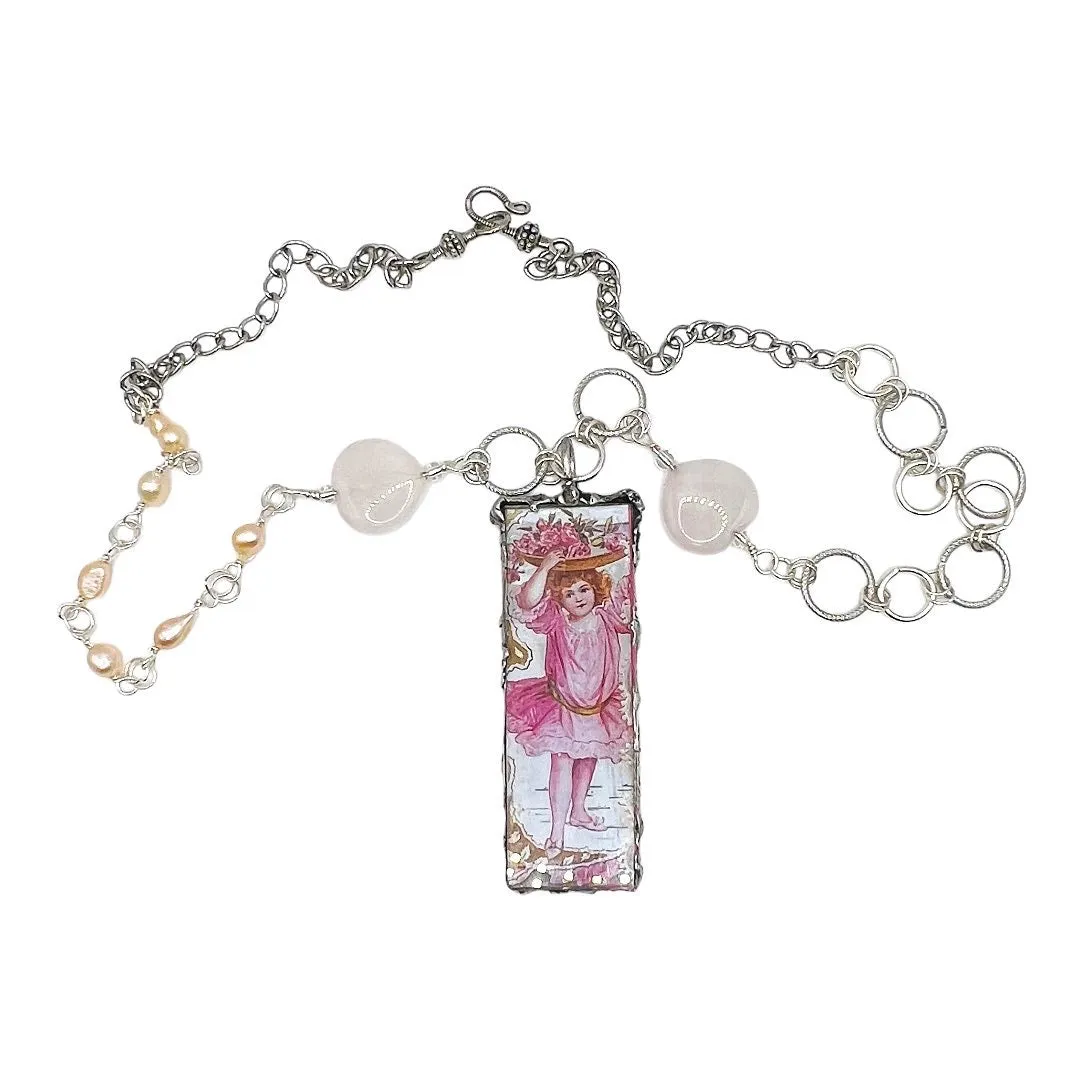 Vintage Valentines Day Card Tiny Art Glass Pendant with Pink Quartz & Freshwater Pearl Necklace