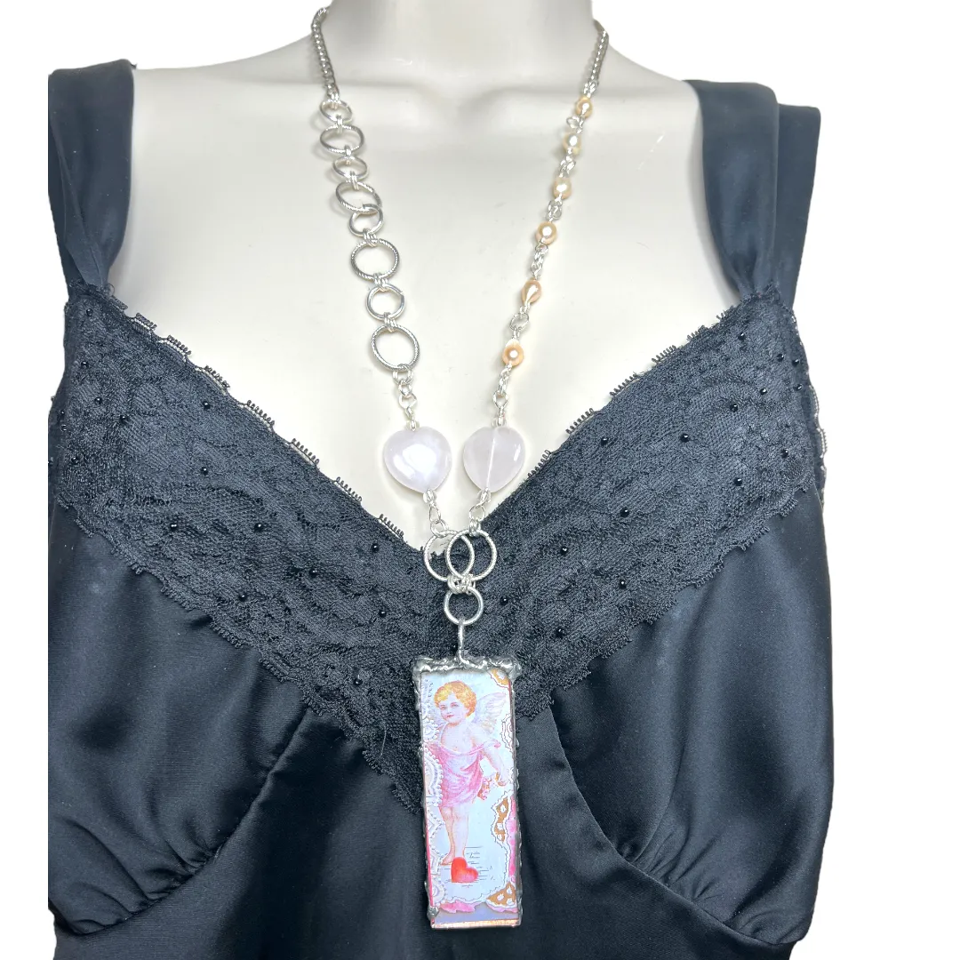 Vintage Valentines Day Card Tiny Art Glass Pendant with Pink Quartz & Freshwater Pearl Necklace