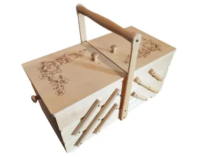 Wooden sewing box, wood sewing box with floral motive, large jewellery casket, storage box, sewing accordion box, ornamental, woman gift