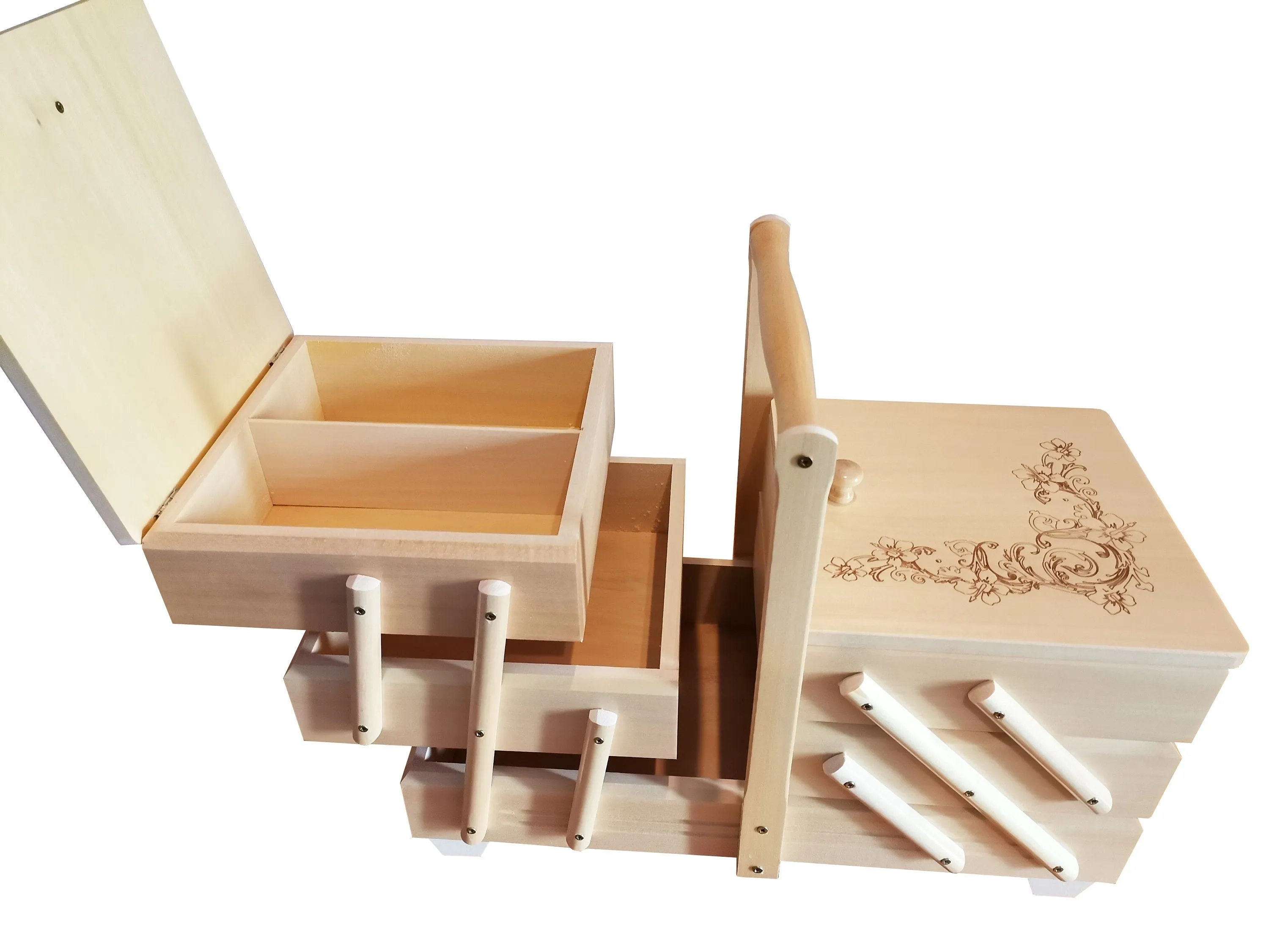 Wooden sewing box, wood sewing box with floral motive, large jewellery casket, storage box, sewing accordion box, ornamental, woman gift