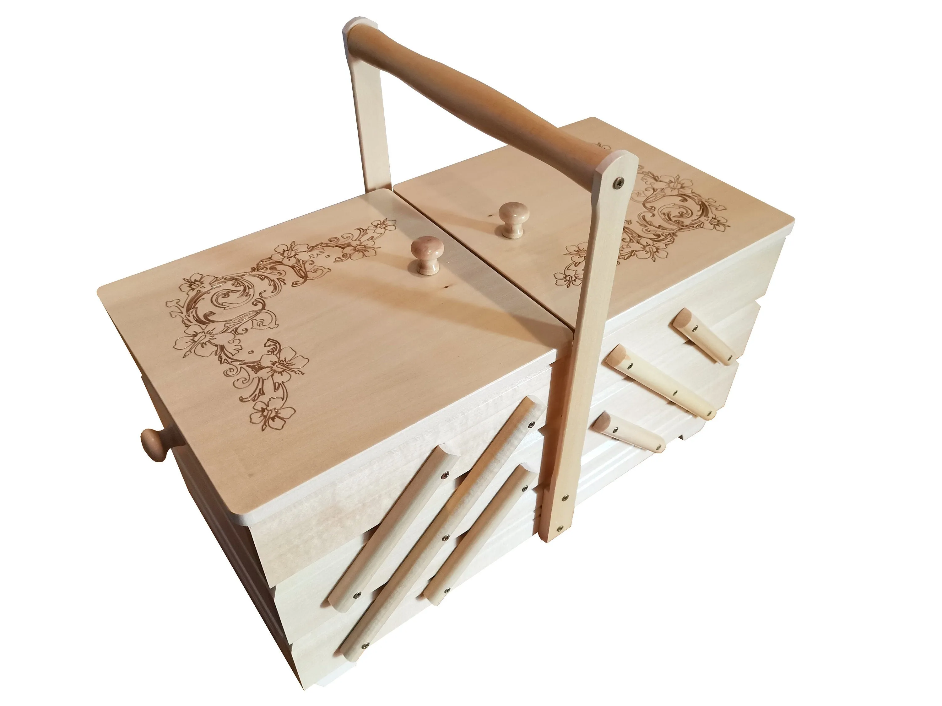 Wooden sewing box, wood sewing box with floral motive, large jewellery casket, storage box, sewing accordion box, ornamental, woman gift